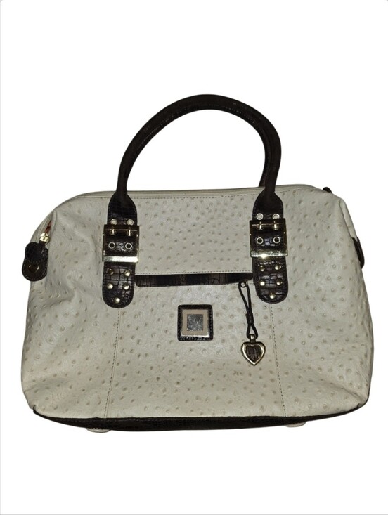 Sharif Handbags - Sharif Ostrich Embossed Leather Satchel with Croc Embossed Trim and Heart Charm